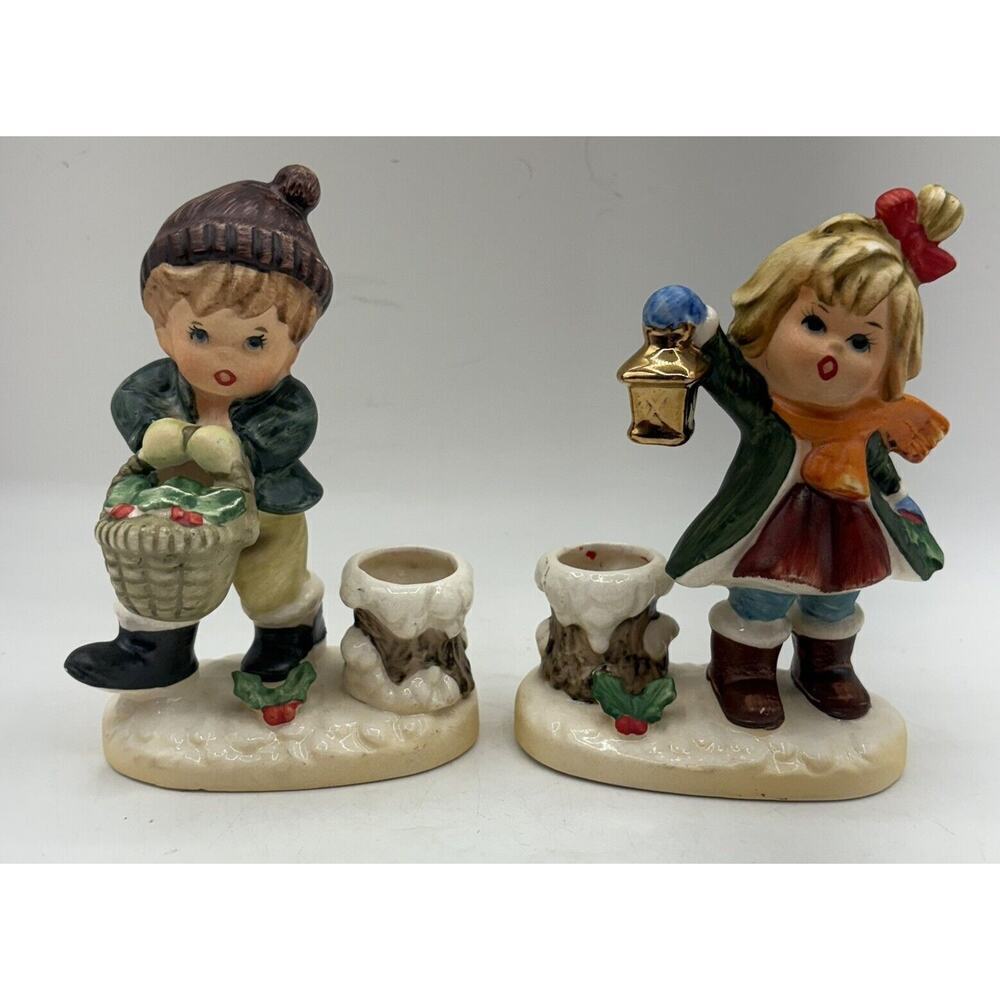 Vintage Napco X - 8368 Christmas Candle Holders- Boy w Holly Basket Girl w Lamp